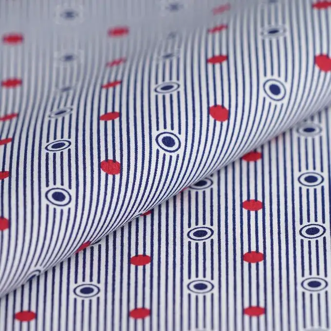 Popeline di cotone a pois e righe blu