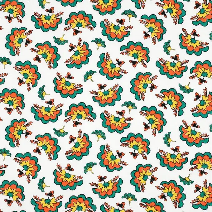 Tessuto bianco con fiori arancioni