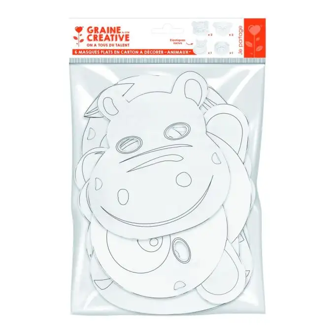 Sacchetto di 6 maschere piatte cartone - piccoli animali
