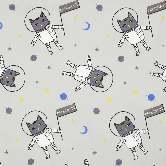 Tessuto popeline gatti astronauti grigio