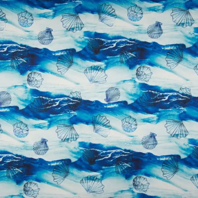 Tessuto raso poliestere stampato conchiglia sfondo blu