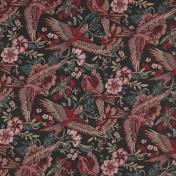 Tessuto jacquard colibrì rosa e nero
