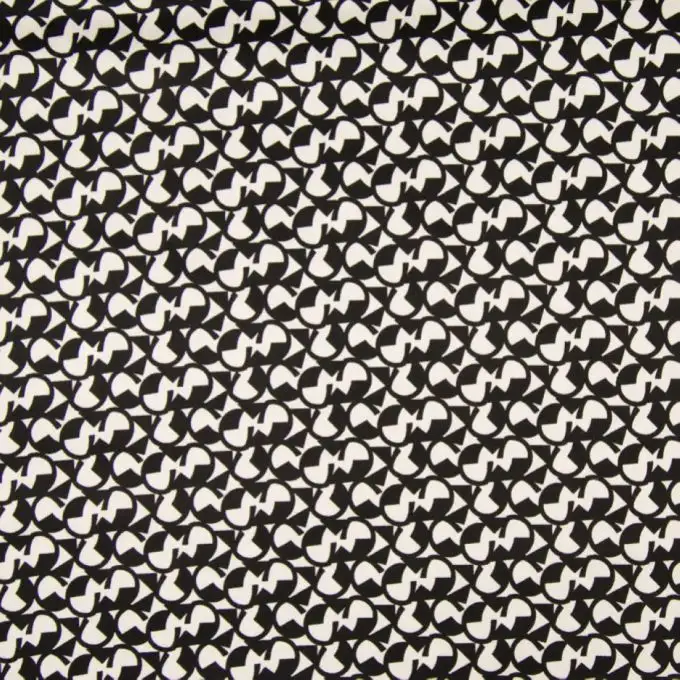 Tessuto raso cotone stampato doppio cerchio geometrico nero e avorio