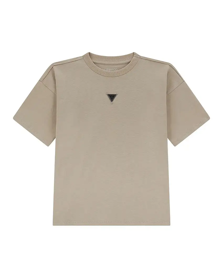 T-shirt Guess color sabbia mezza manica in puro cotone con placca logo