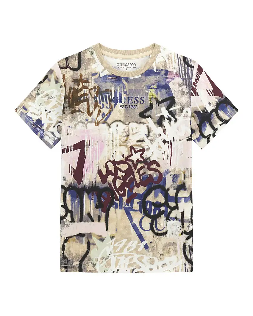 T-shirt Guess mezza manica in puro cotone con graffiti multicolor