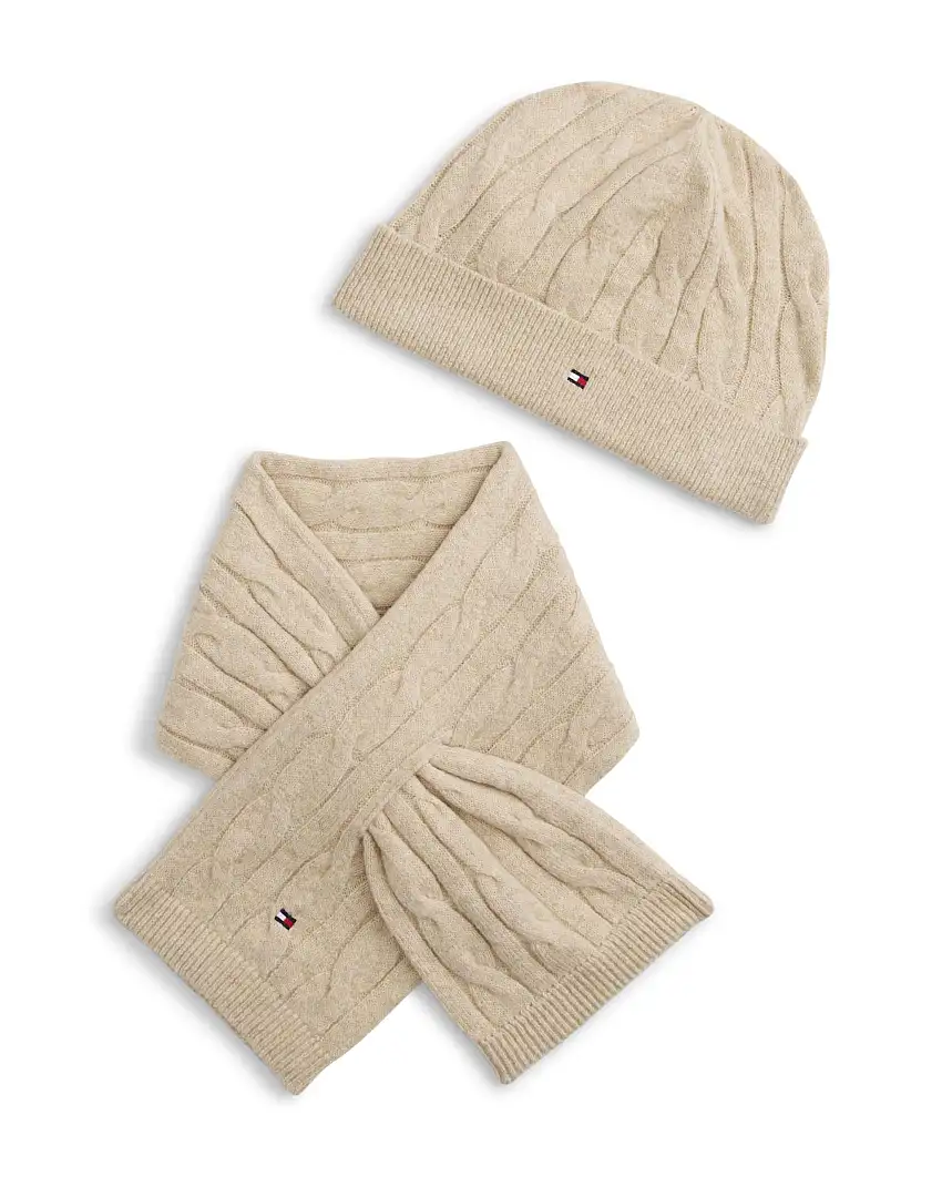 Set cappello e sciarpa Tommy Hilfiger beige in misto cotone