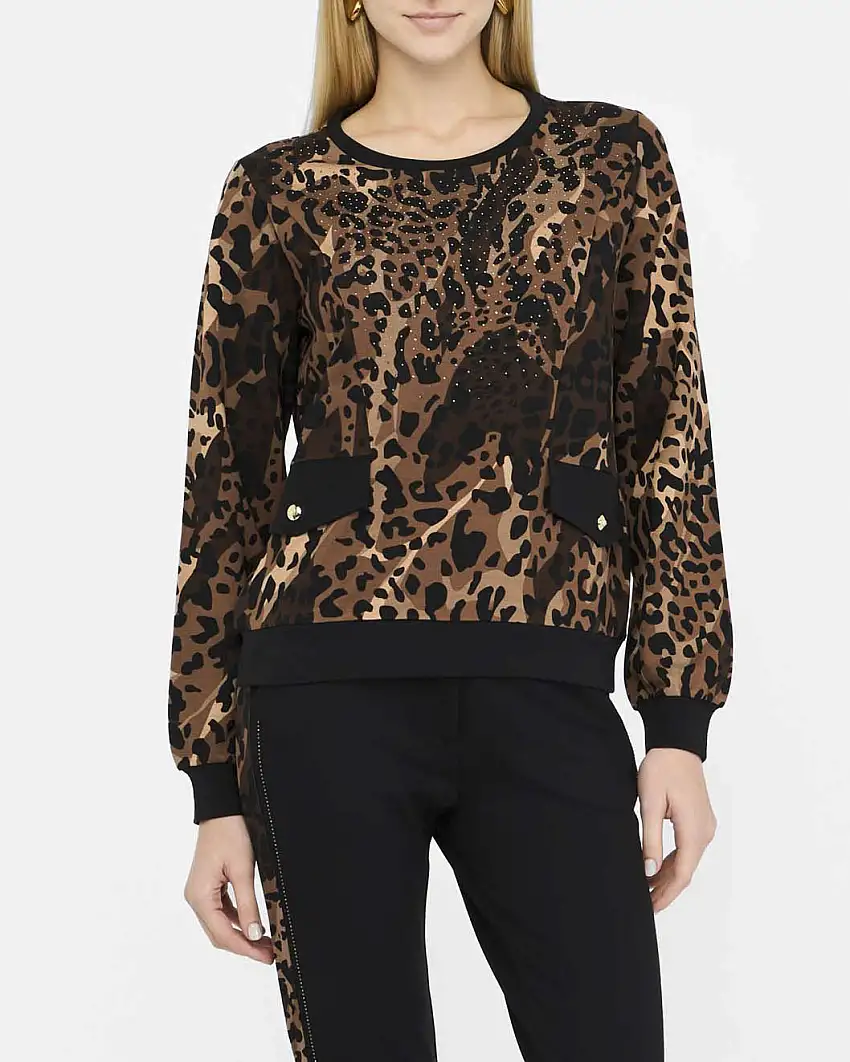 Felpa Liu Jo Sport animalier in viscosa stretch con strass applicati
