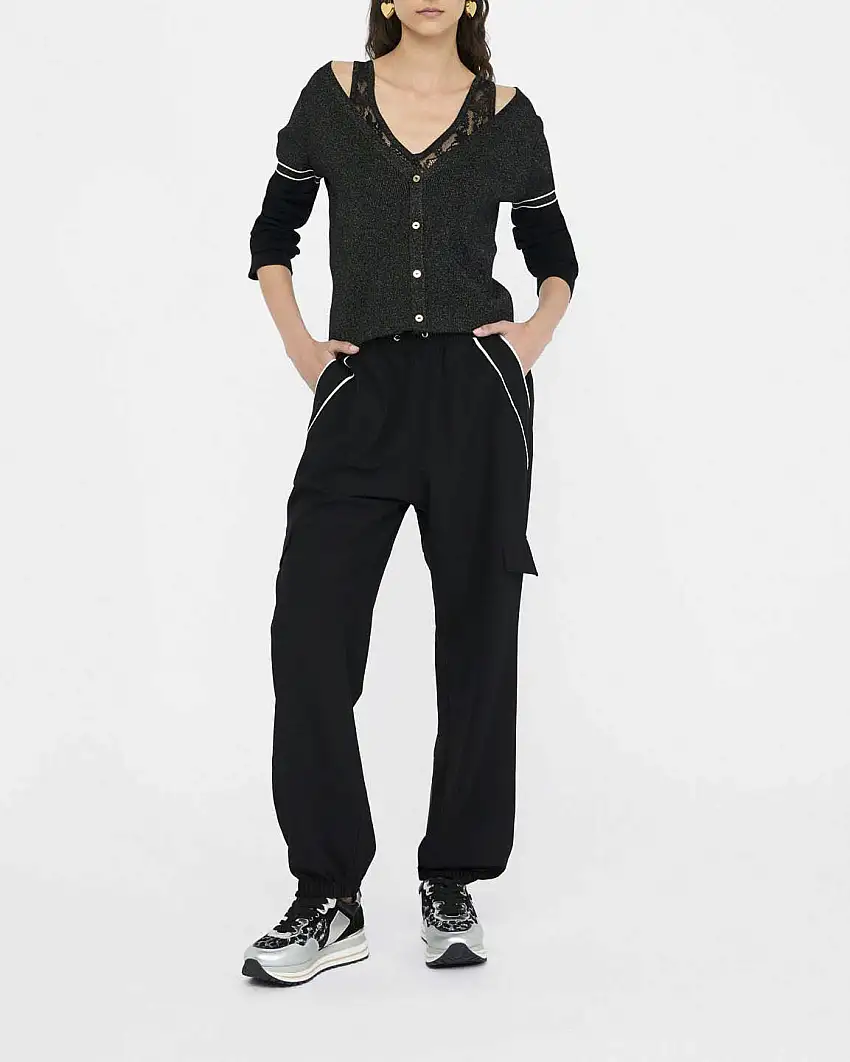 Cardigan Liu Jo Sport nero in maglia con dettagli in pizzo e lurex