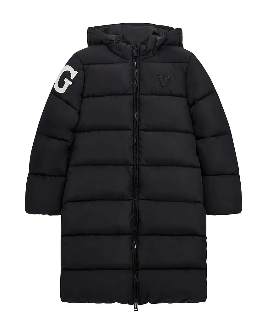 Maxi piumino Guess in nylon nero trapuntato con cappuccio e maxi logo bianco sul retro