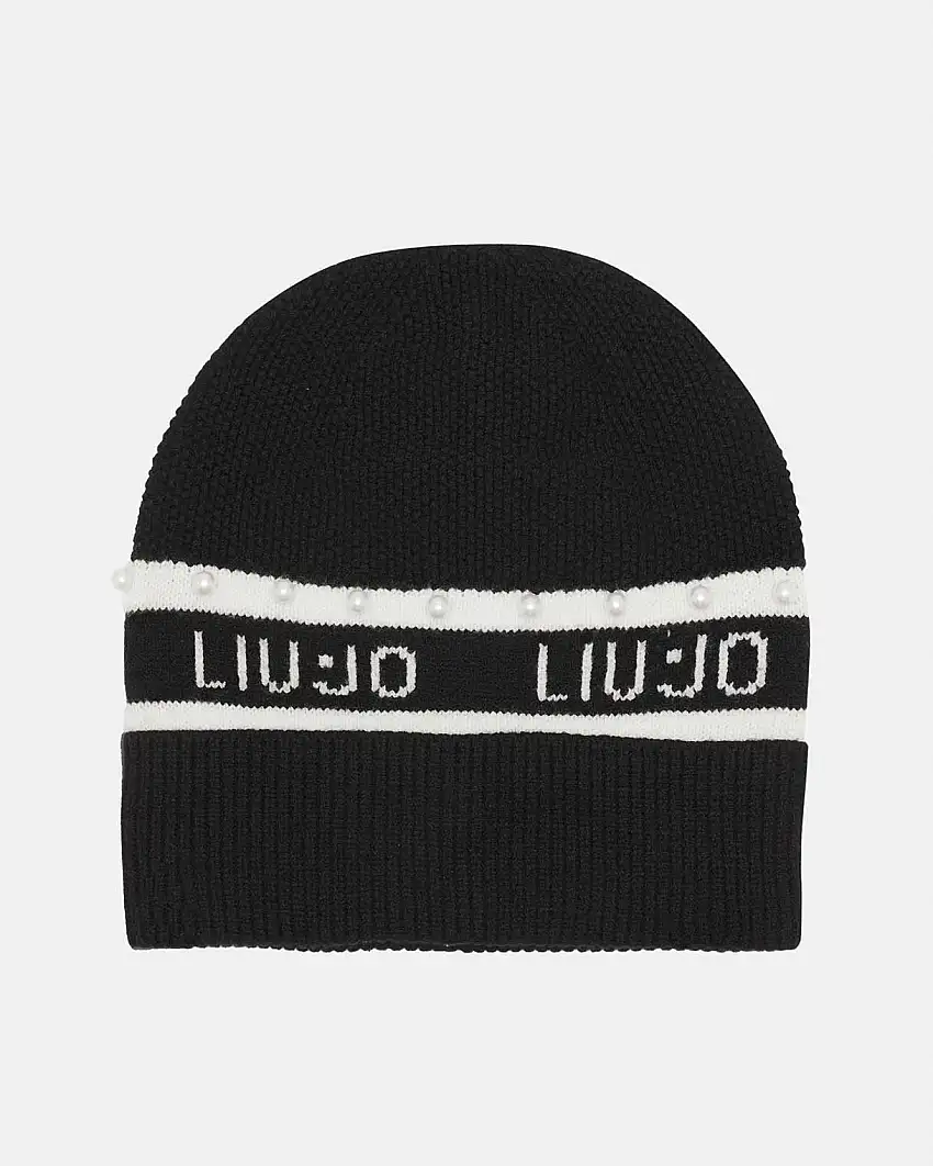 Berretto Liu Jo Sport nero in maglia con logo e perle in rilievo