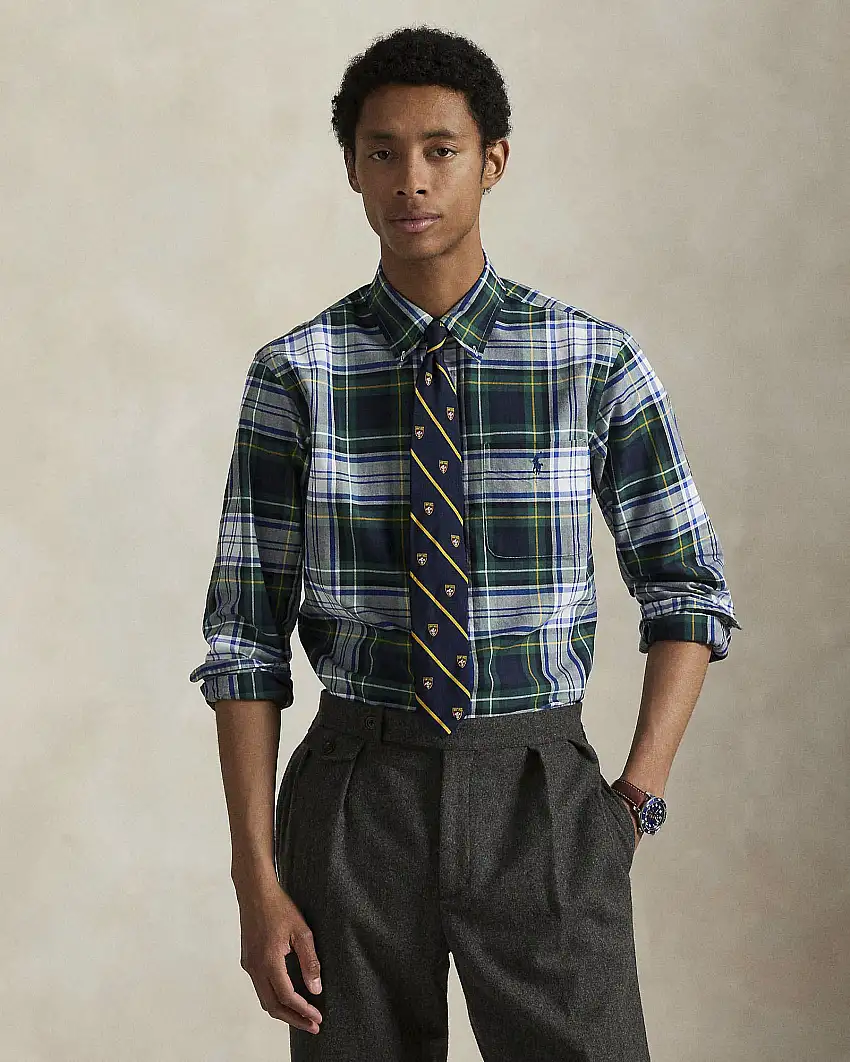 Camicia custom-fit Polo Ralph Lauren in Oxford check verde e blu con colletto button-down e taschino