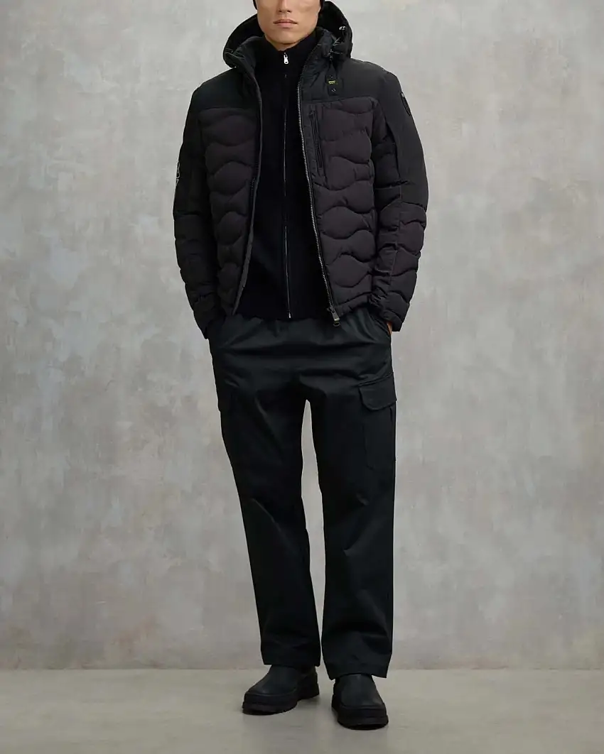 Giubbino Ferwood Blauer nero in nylon crinkle e inserto in teslan con cappuccio staccabile