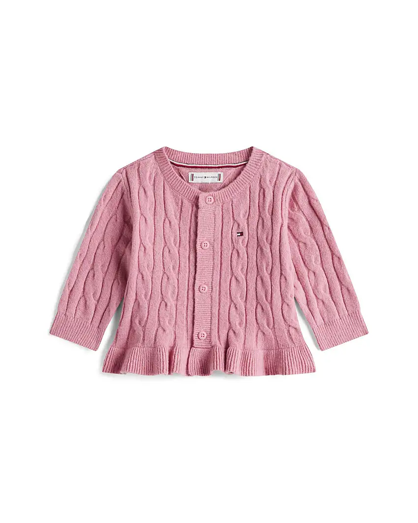 Cardigan Tommy Hilfiger rosa a trecce con volant