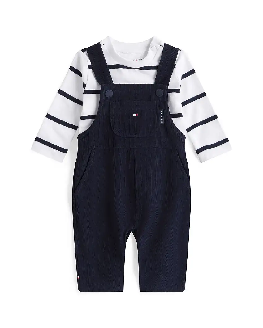 Completo Tommy Hilfiger salopette e maglia a righe blu e bianca