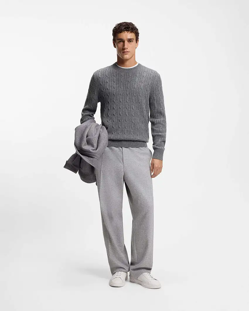 Maglia girocollo Hetico Boss grigia in misto lana e cashmere a trecce