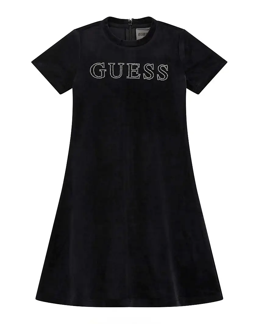 Abito longuette Guess nero in ciniglia a maniche corte con logo in strass
