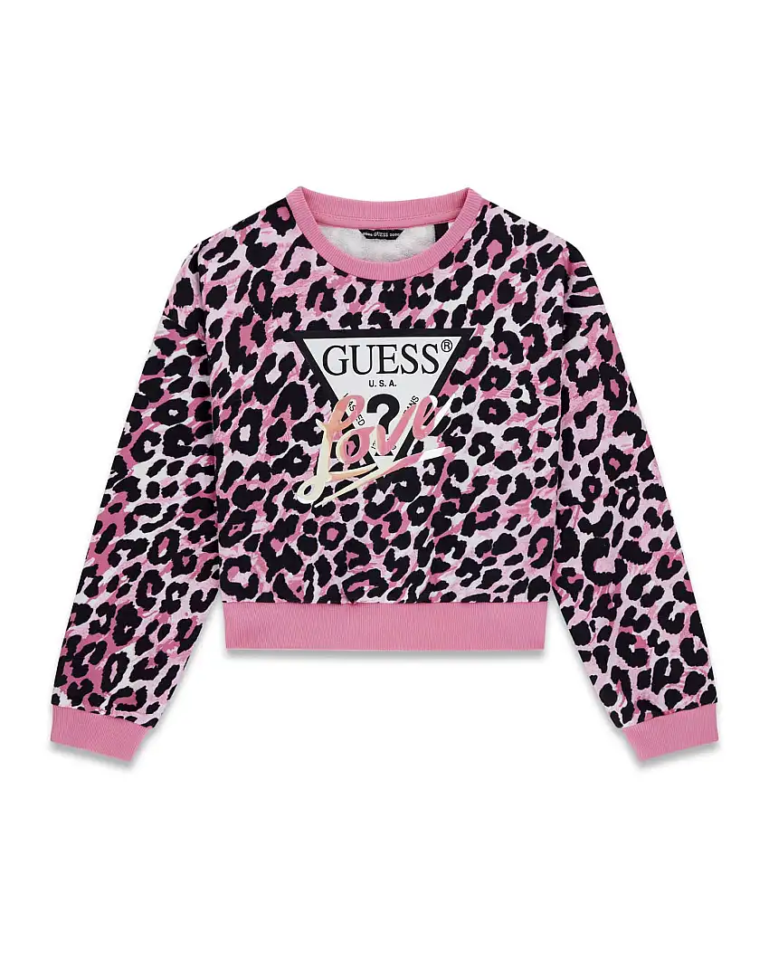 Felpa girocollo Guess fucsia maculata in puro cotone e logo triangolo