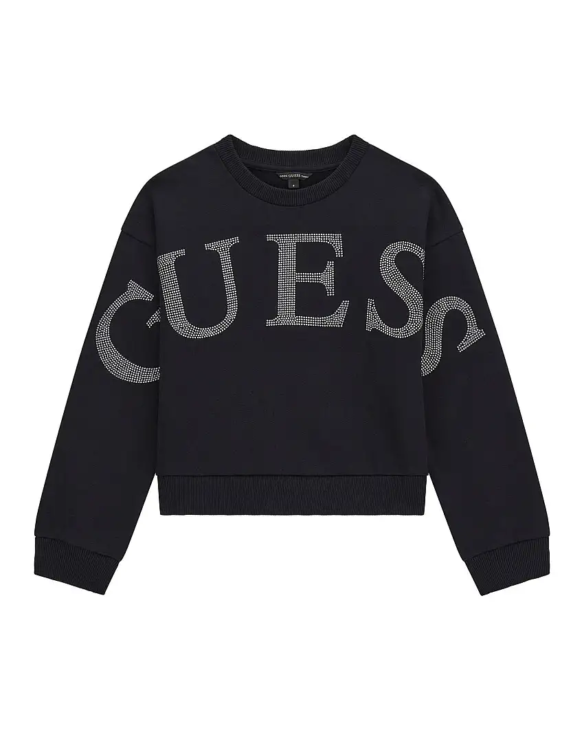 Felpa girocollo Guess nera in puro cotone e maxi scritta logo in strass