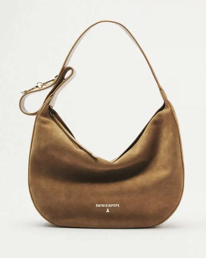 Hobo bag New Moon Patrizia Pepe in pelle scamosciata color cuoio con portachiavi Fly