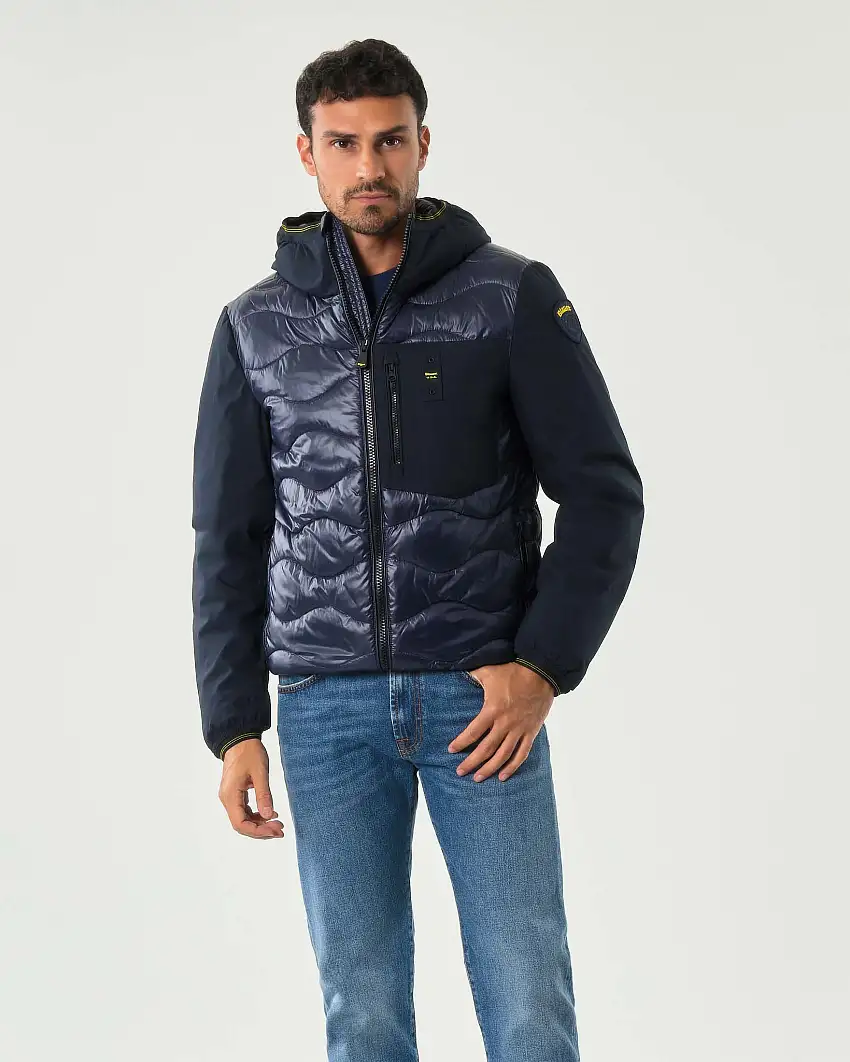 Piumino Albert Blauer bi-tessuto blu con cappuccio fisso e trapuntatura ad onde