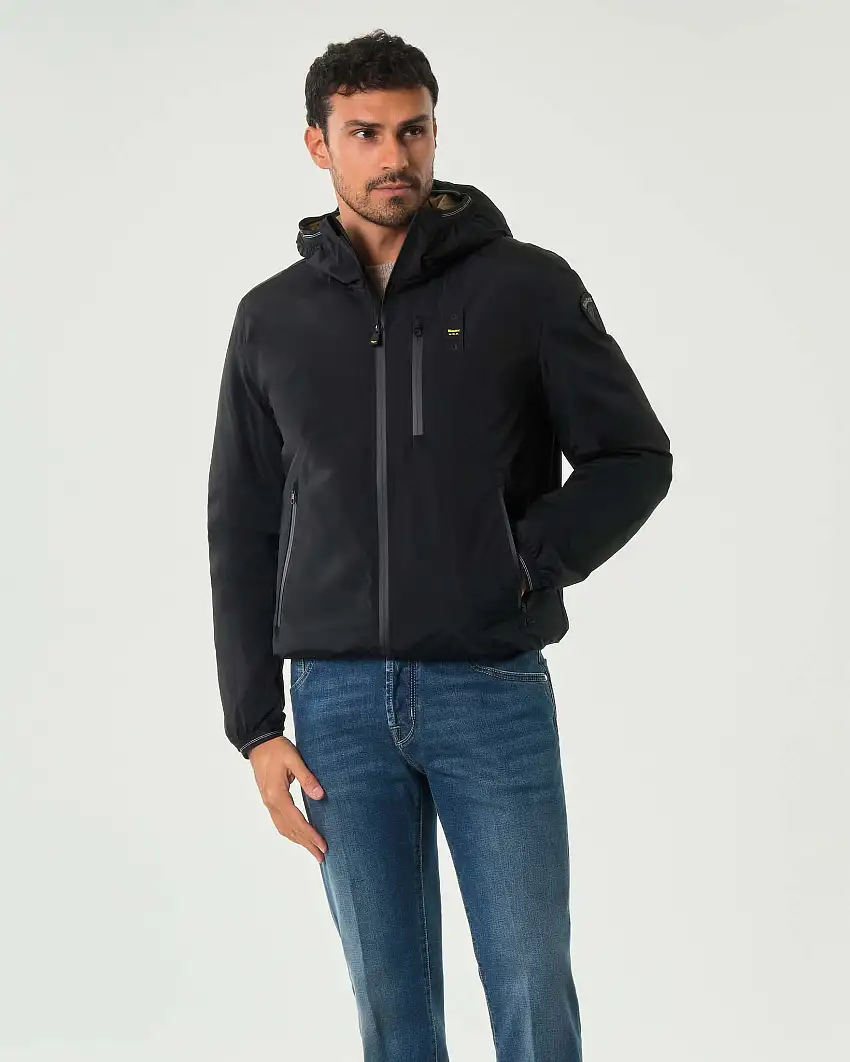 Giubbino Devon Blauer nero con cappuccio e interno in eco marmottina color cammello