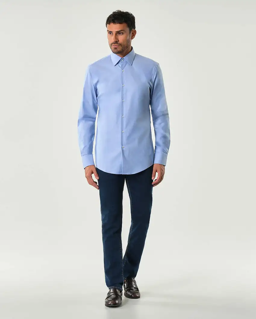 Camicia Hank Boss azzurra slim-fit in twill di cotone stretch con colletto Kent