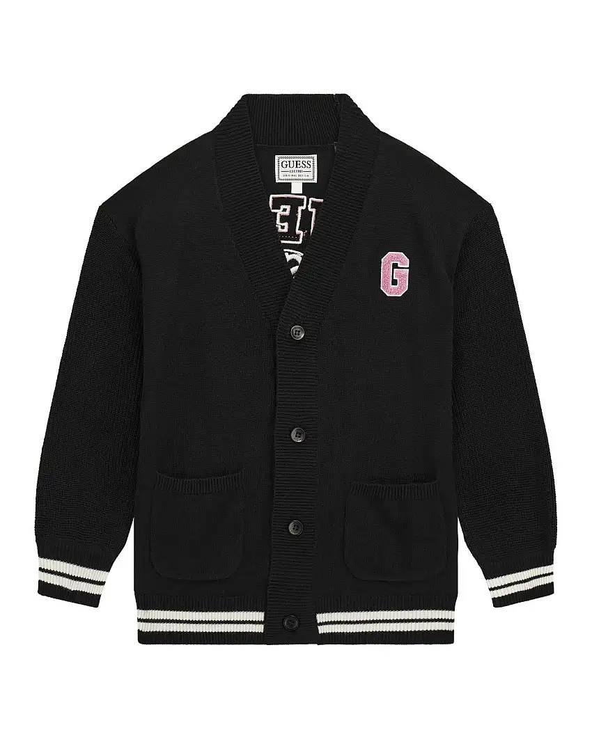 Cardigan nero Guess in misto lana con bordi bianchi e patch logo rosa