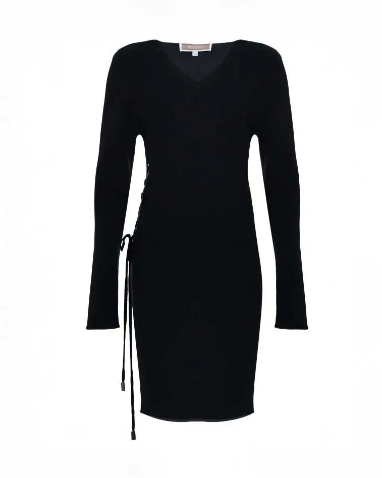 Abito midi Kocca nero a maniche lunghe con spacco e lacci in misto viscosa