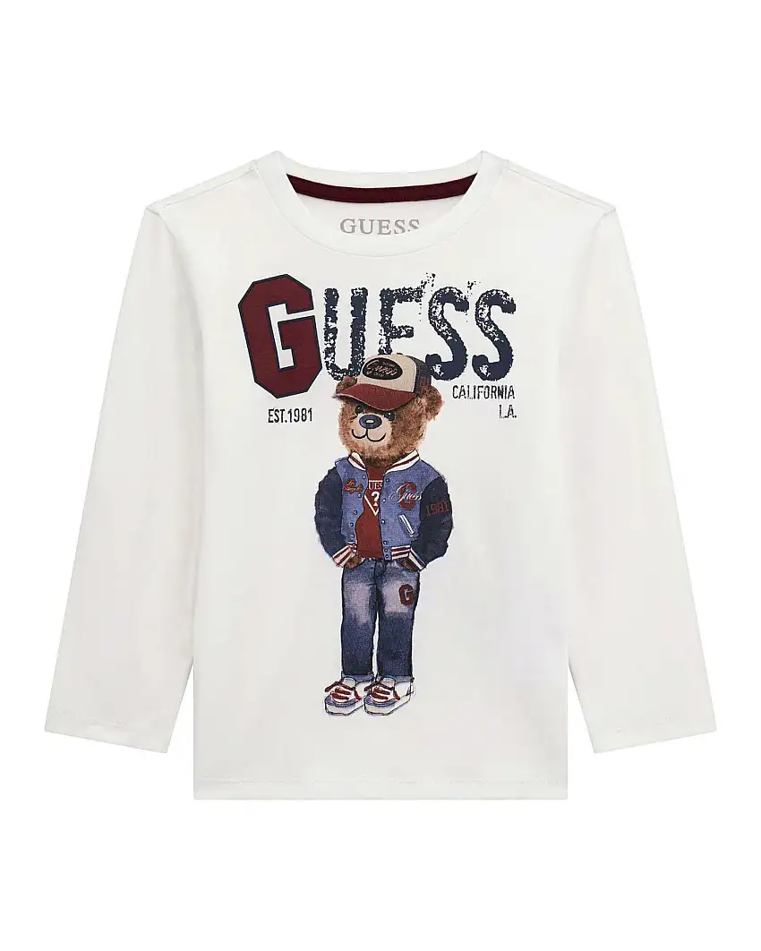 T-shirt bianca Guess a maniche lunghe con stampa orsetto e maxi scritta logo