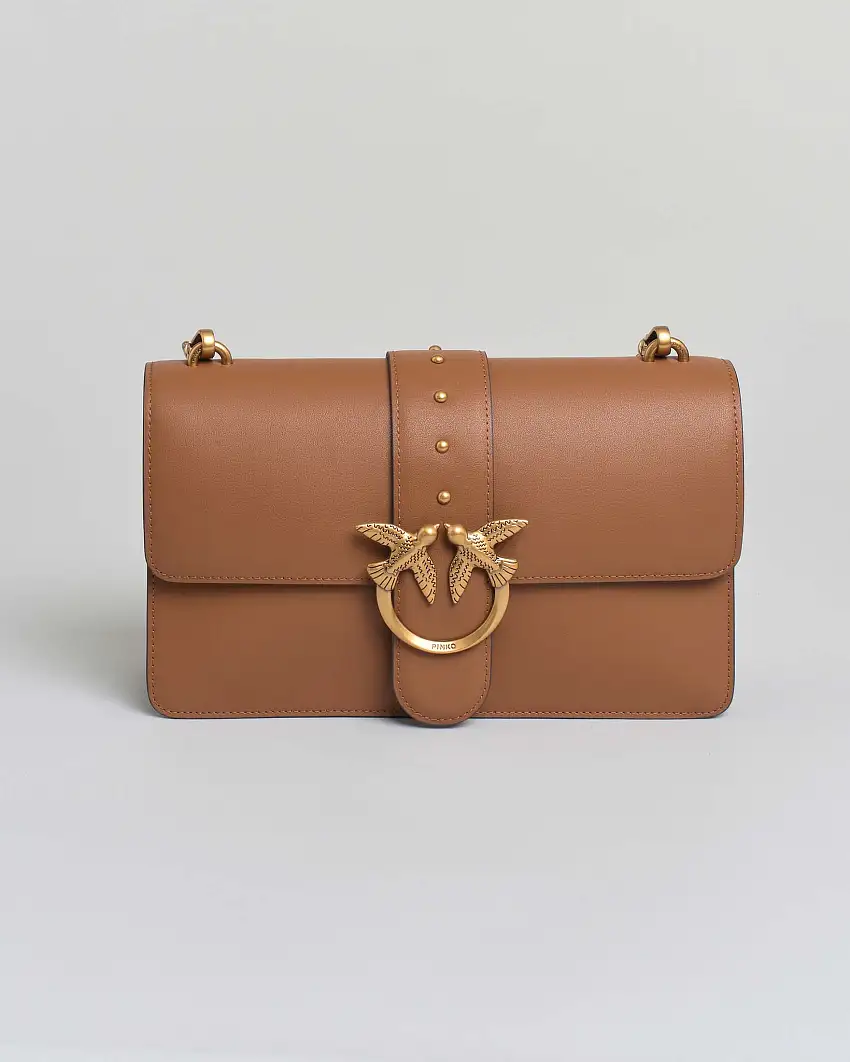 Classic Love Bag One color cuoio in pelle liscia con fibbia Love Birds dorata e tracolla a catena rimovibile