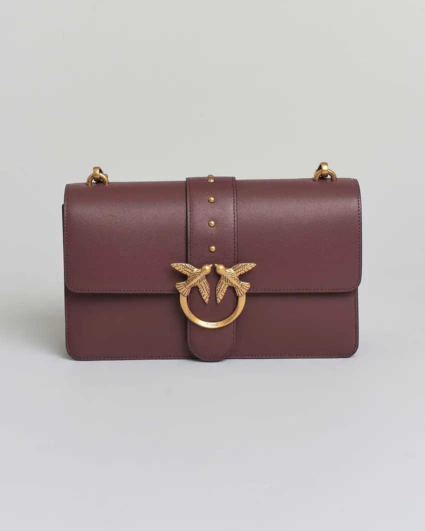 Classic Love Bag One color vino in pelle liscia con fibbia Love Birds dorata e tracolla a catena rimovibile