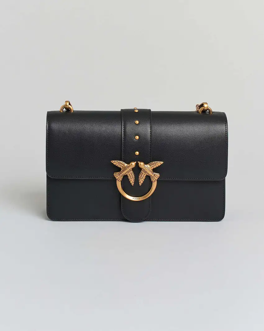 Classic Love Bag One nera in pelle liscia con fibbia Love Birds dorata e tracolla a catena rimovibile