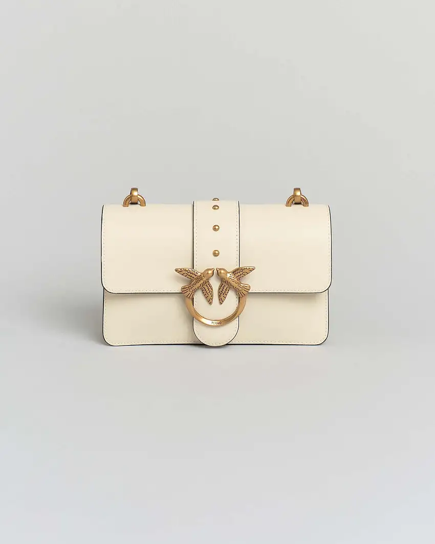 Mini Classic Love Bag One bianca in pelle liscia con fibbia Love Birds dorata e tracolla a catena rimovibile