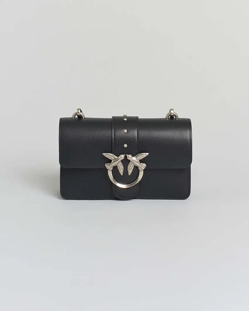 Mini Classic Love Bag One color nera in pelle liscia con fibbia Love Birds argento e tracolla a catena rimovibile