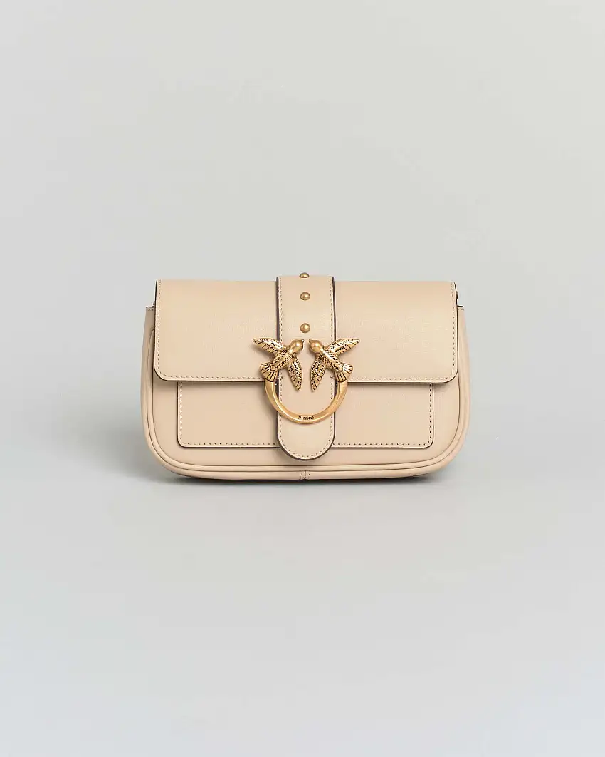 Pocket One Love Bag in pelle beige con patta di chiusura e fibbia dorata Love Birds