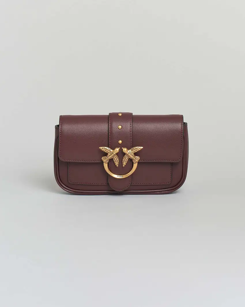 Pocket One Love Bag in pelle color vino con patta di chiusura e fibbia dorata Love Birds