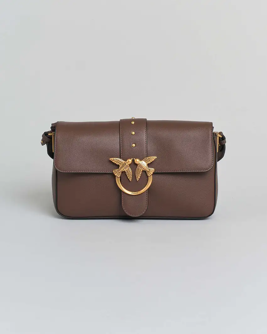 Classic Love Bag One Slouchy Pinko marrone in pelle liscia con fibbia Love Birds dorata