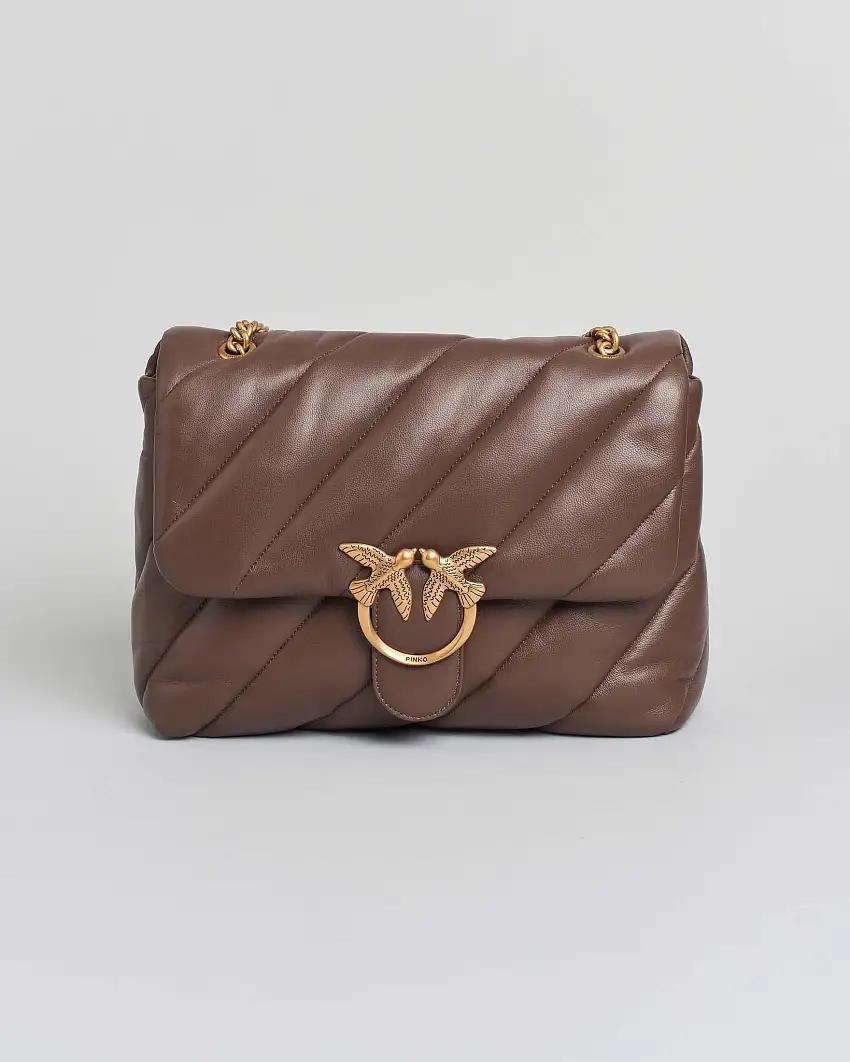 Big Love Bag Puff Maxi Quilt marrone con fibbia Love Birds e tracolla a catena dorata