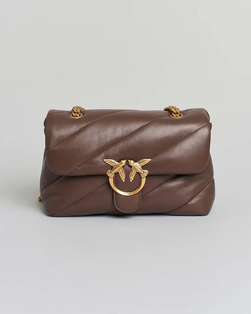 Classic Love Bag Puff Maxi Quilt Pinko marrone con fibbia Love Birds e tracolla a catena dorata