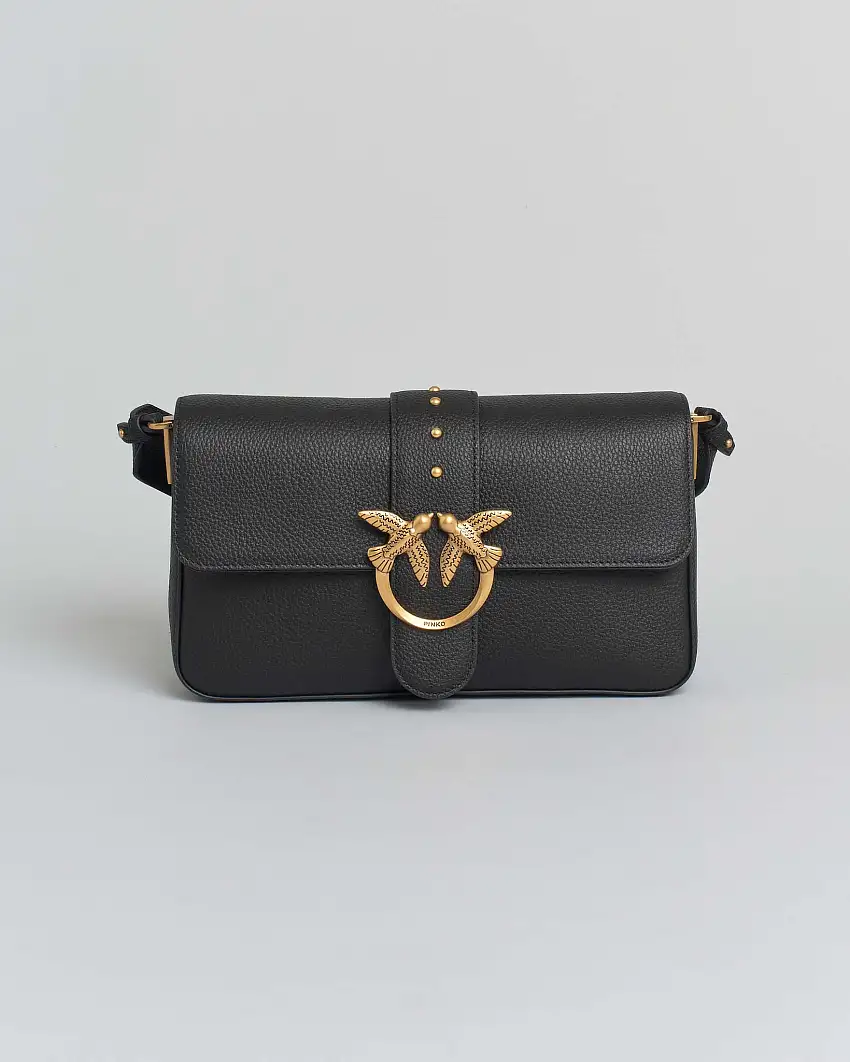 Classic Love Bag One Slouchy Pinko nera in pelle liscia con fibbia Love Birds dorata