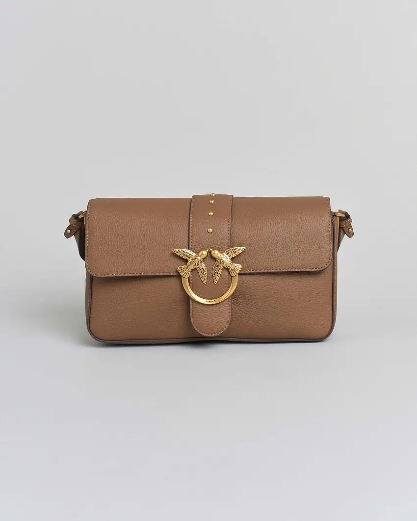 Classic Love Bag One Slouchy Pinko color cuoio in pelle liscia con fibbia Love Birds dorata