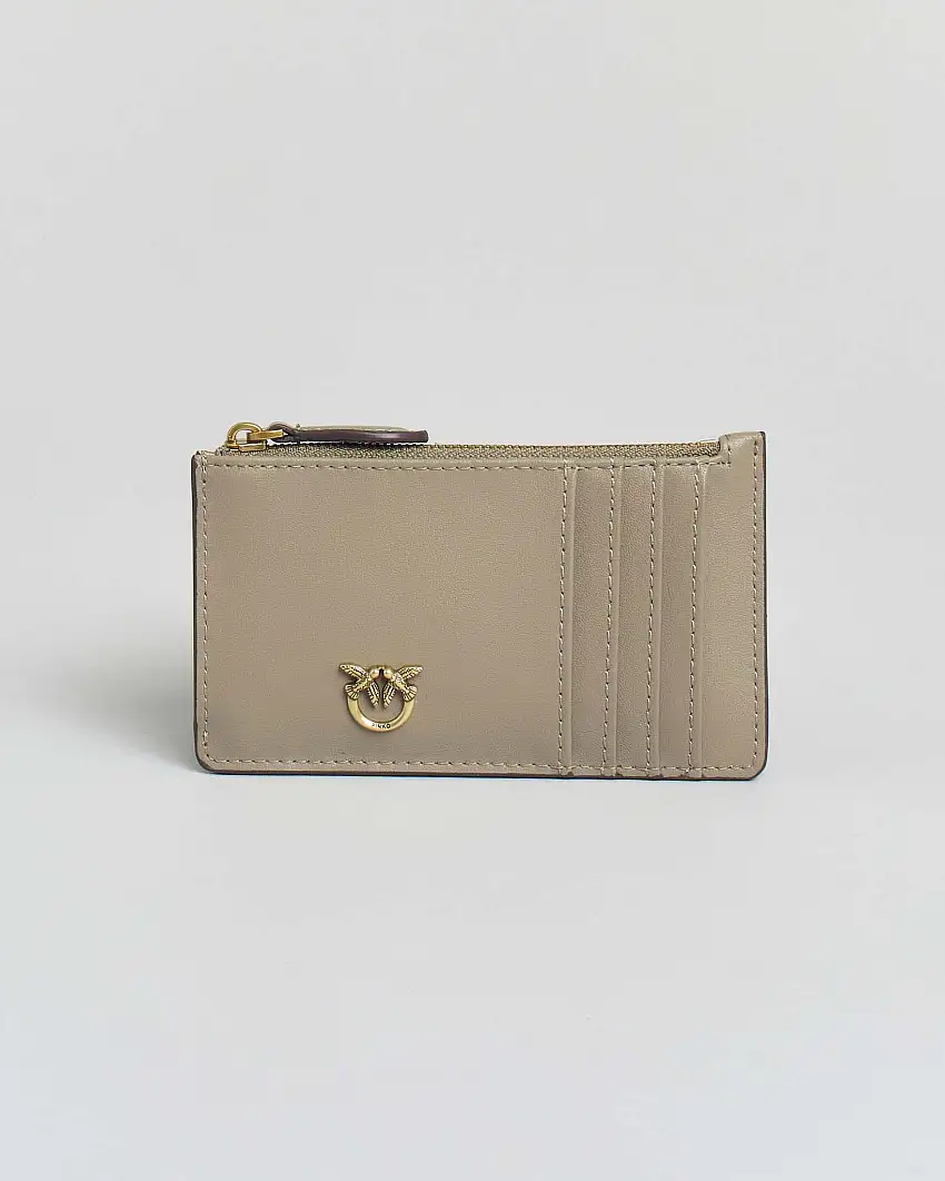 Porta carte di credito Pinko color tortora in pelle con fibbia Lover Birds dorata