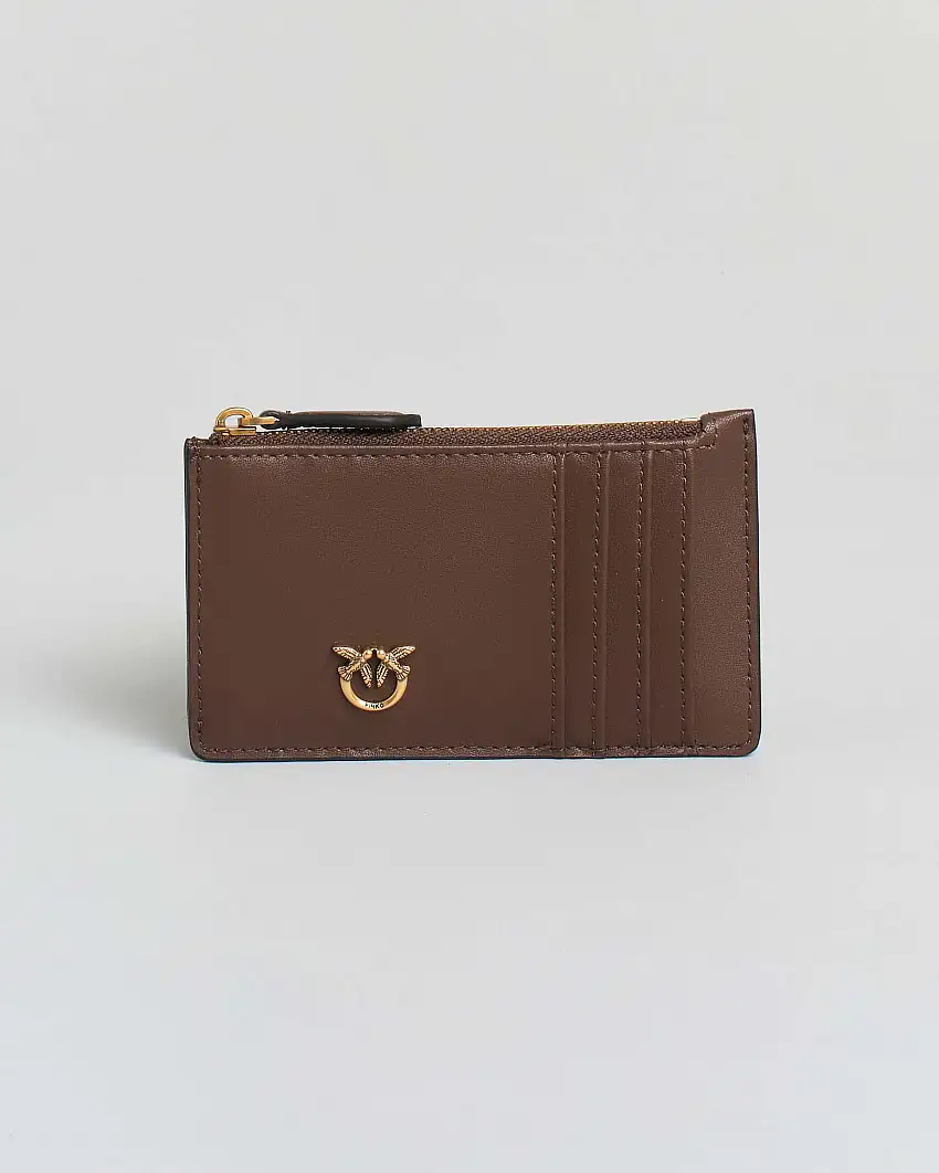 Porta carte di credito Pinko marrone in pelle con fibbia Lover Birds dorata
