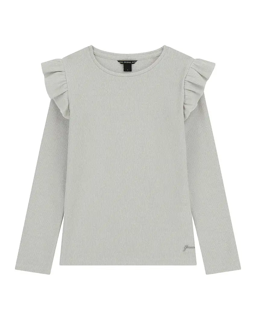 T-shirt Guess grigia lurex in cotone stretch a maniche lunghe con rouches