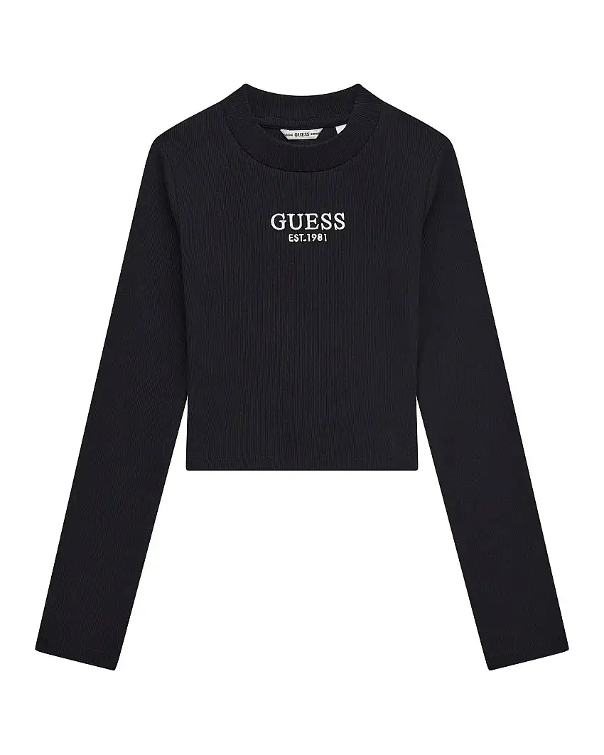 T-shirt Guess nera in cotone stretch a maniche lunghe con logo bianco