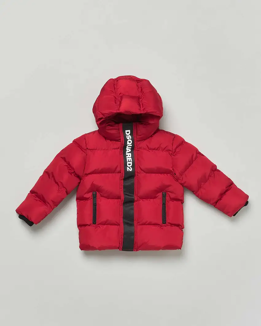 Piumino Dsquared2 rosso trapuntato con cappuccio e banda logo nera