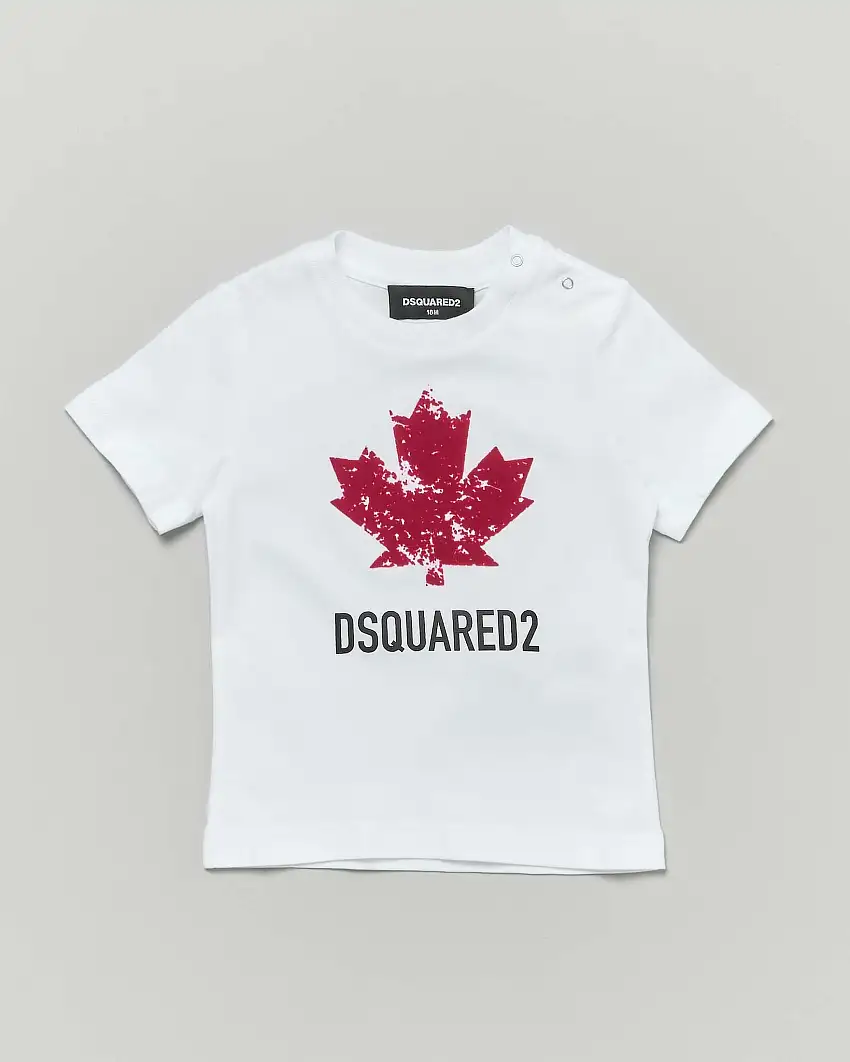 T-shirt Dsquared2 bianca in puro cotone a maniche corte ce foglia logo rossa