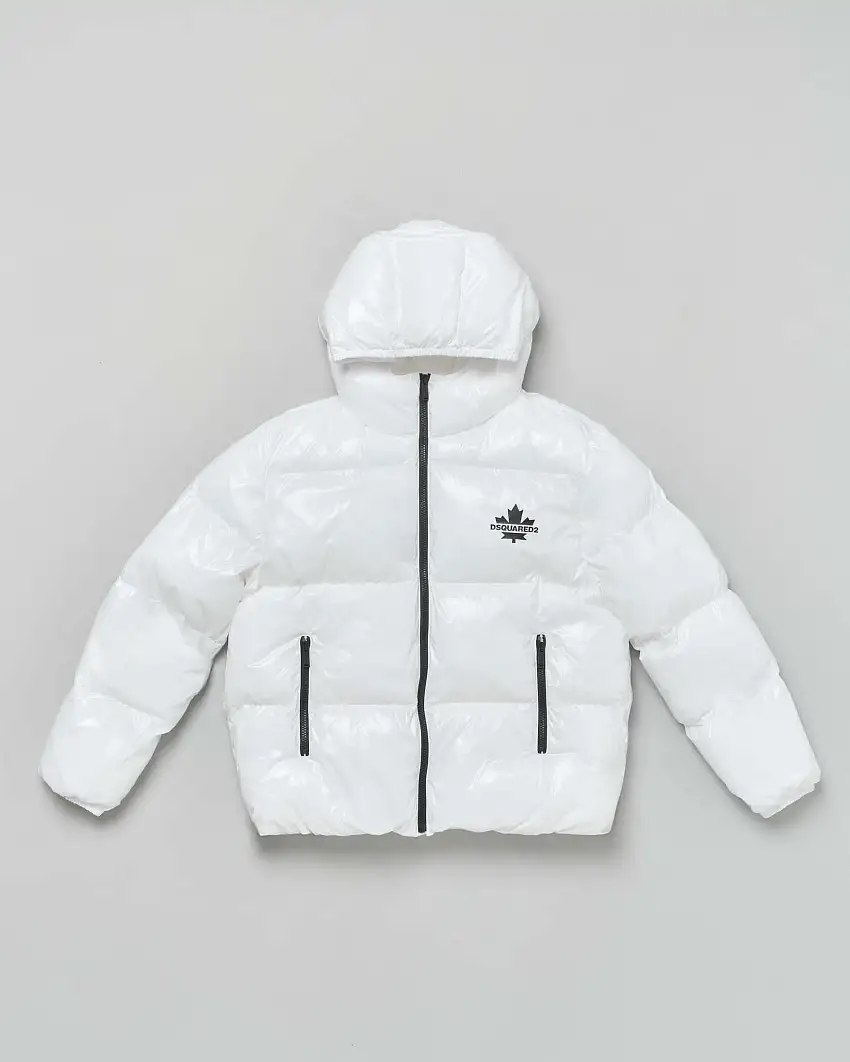 Piumino Dsquared2 bianco in nylon lucido con cappuccio e dettagli neri