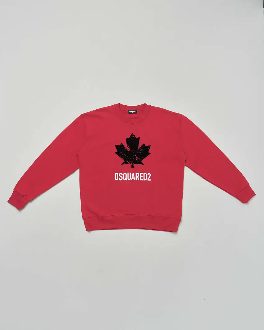 Felpa girocollo Dsquared2 rossa in puro cotone con maxi foglia logo