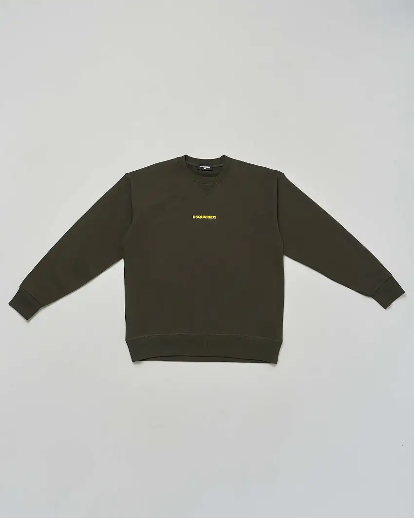 Felpa girocollo Dsquared2 verde militare in puro cotone con mini logo giallo